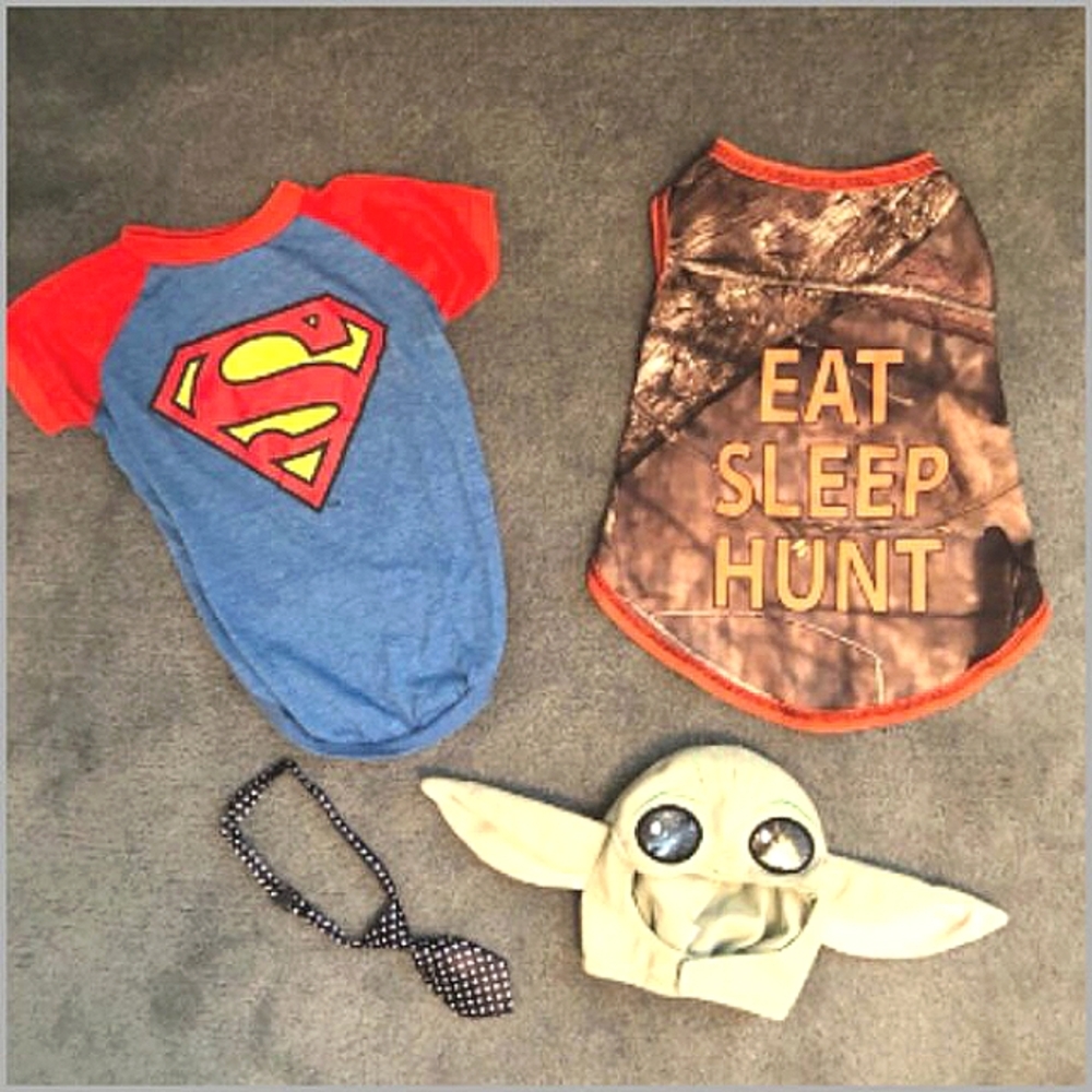 S/M Dog Superman, Camo & Yoda Costume Bundle (GUC)